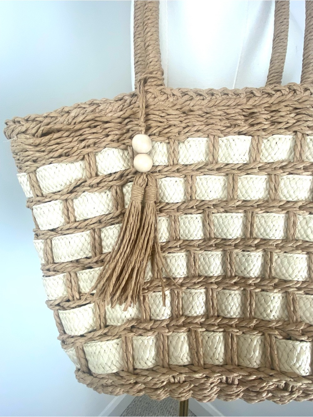 Summer Tote Natural Beige Woven Bag Fully Lined Beach Vacation Shoulder Bag - Picture 2 of 8